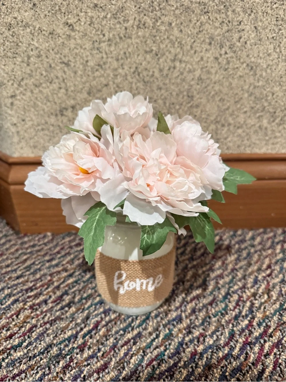 Burlap Jar Vase with Soft Pink Peonies